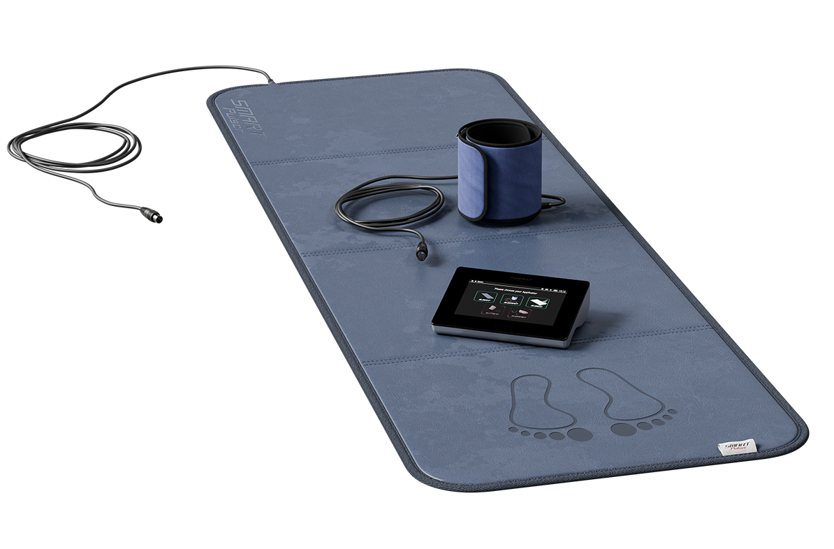 A health monitoring mat with a control device and sensor.