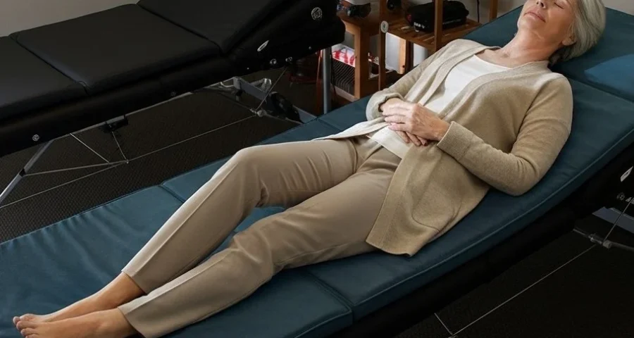 Older woman relaxing on a treatment table in a calm setting.