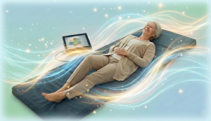 A woman relaxing on a mat, surrounded by soothing light trails.