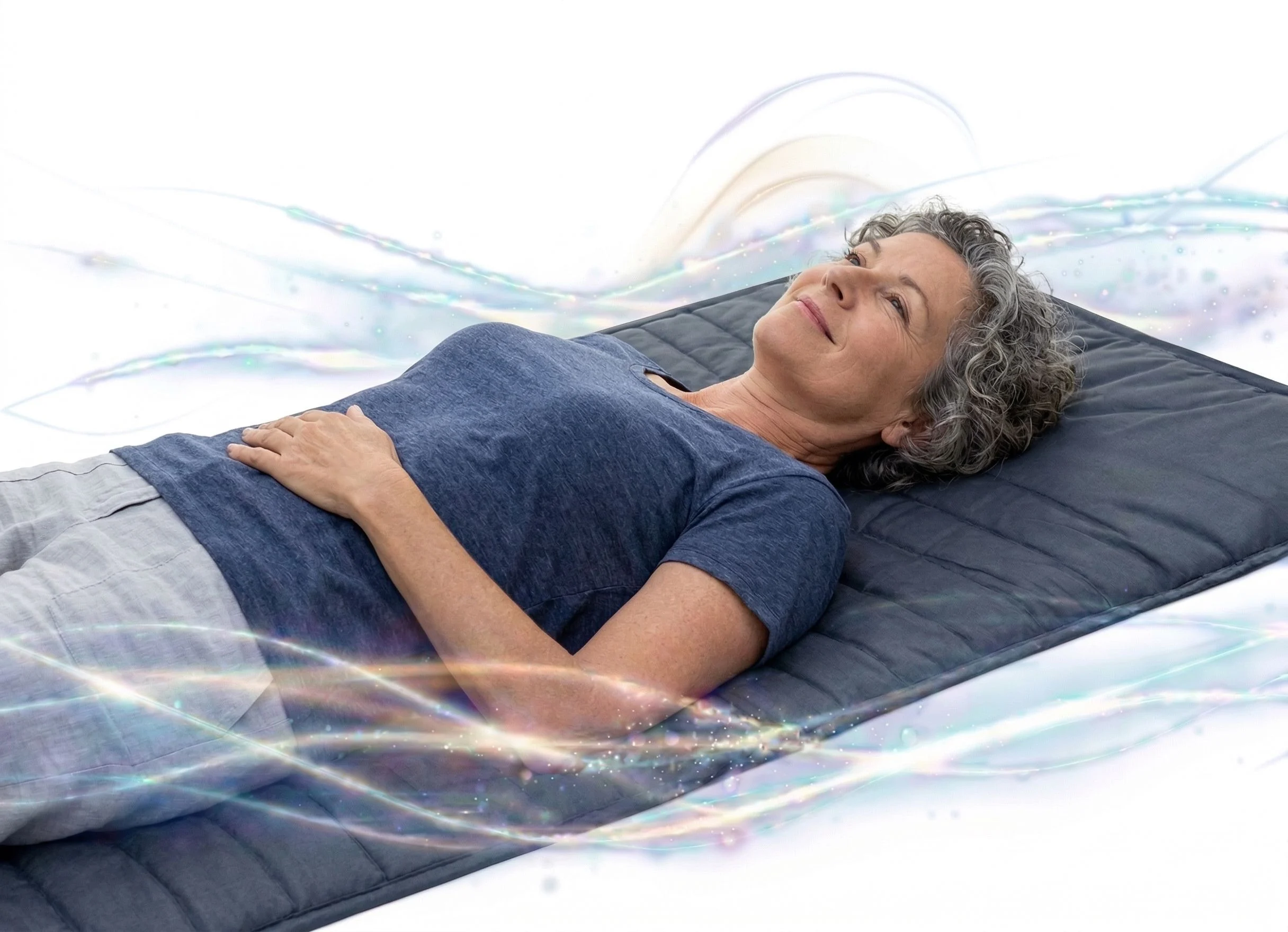 A relaxed woman lying on a mat with mystical, colorful swirls around her.