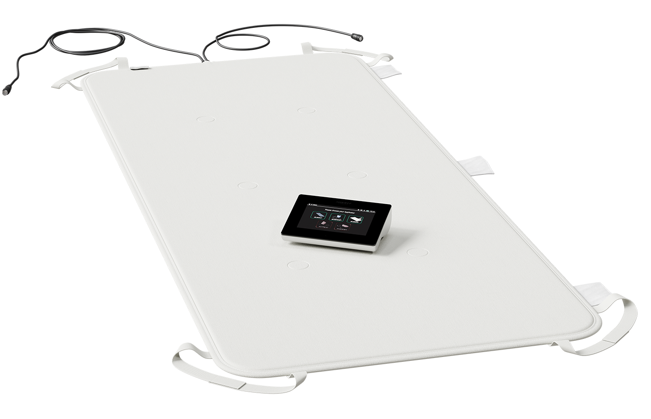 Therapeutic mat with control panel for health treatments.