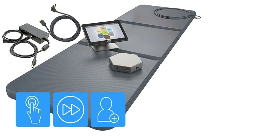 Interactive touchscreen device with connected cables on a mat.