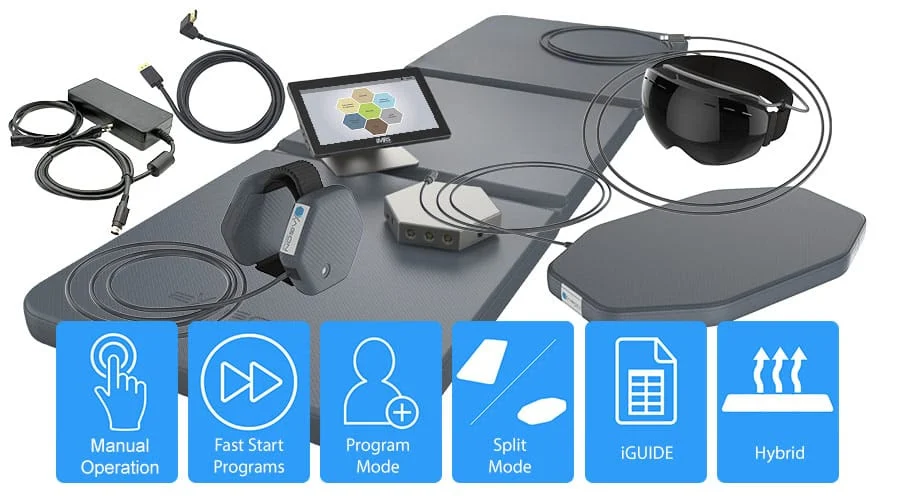 Therapeutic exercise equipment with controls and display screen.
