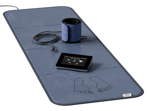 Wellness mat with a control tablet and a foot massager attachment.