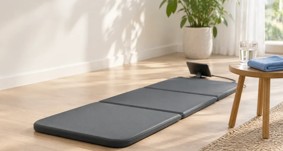 A three-panel mat on a timber floor with its controller, and a glass of water and a folded blue towel on a stool beside it