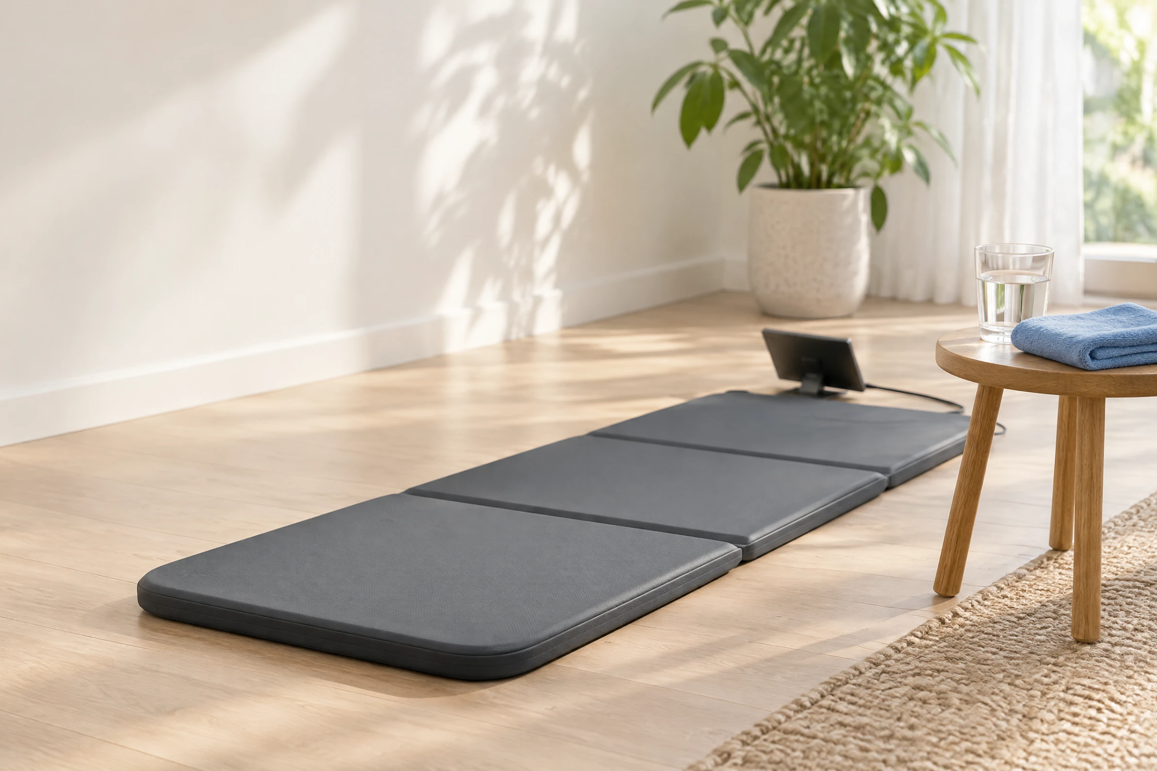 A three-panel mat on a timber floor with its controller, and a glass of water and a folded blue towel on a stool beside it