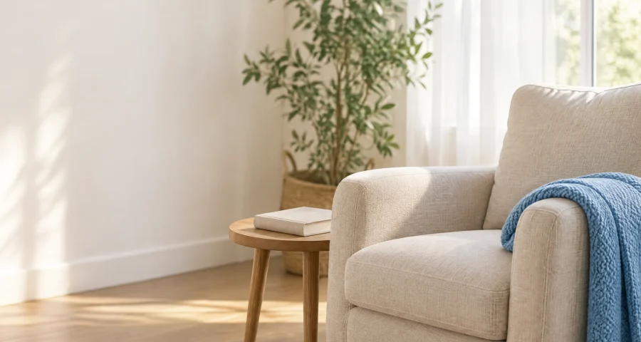 An armchair with a folded blue throw beside a small timber table with a closed book, a plant and a sheer curtain