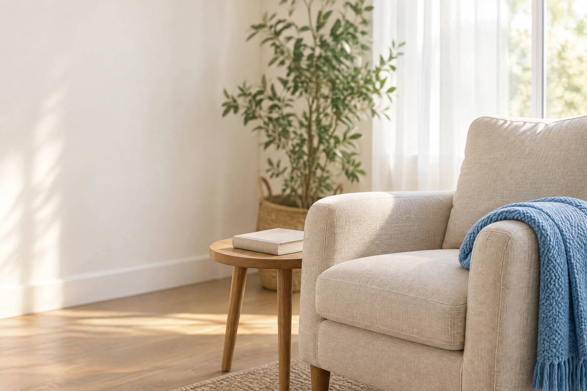 An armchair with a folded blue throw beside a small timber table with a closed book, a plant and a sheer curtain