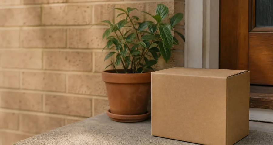 A cardboard carton on a brick doorstep beside a potted plant