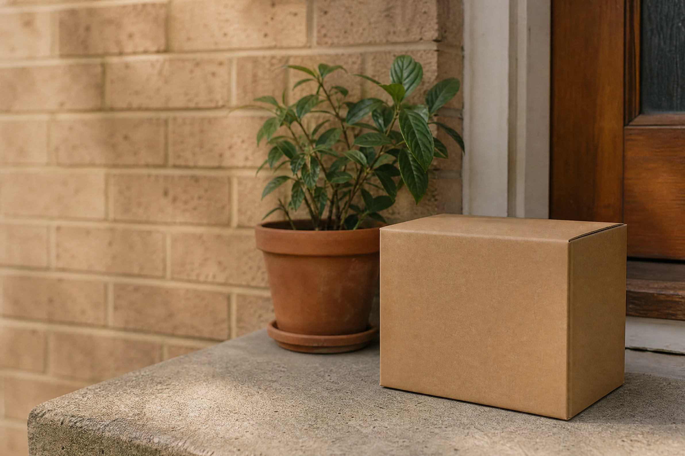 A cardboard carton on a brick doorstep beside a potted plant