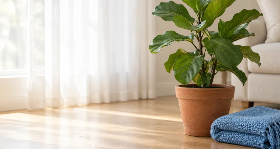 A fiddle-leaf fig in a terracotta pot on a timber floor beside a folded blue throw