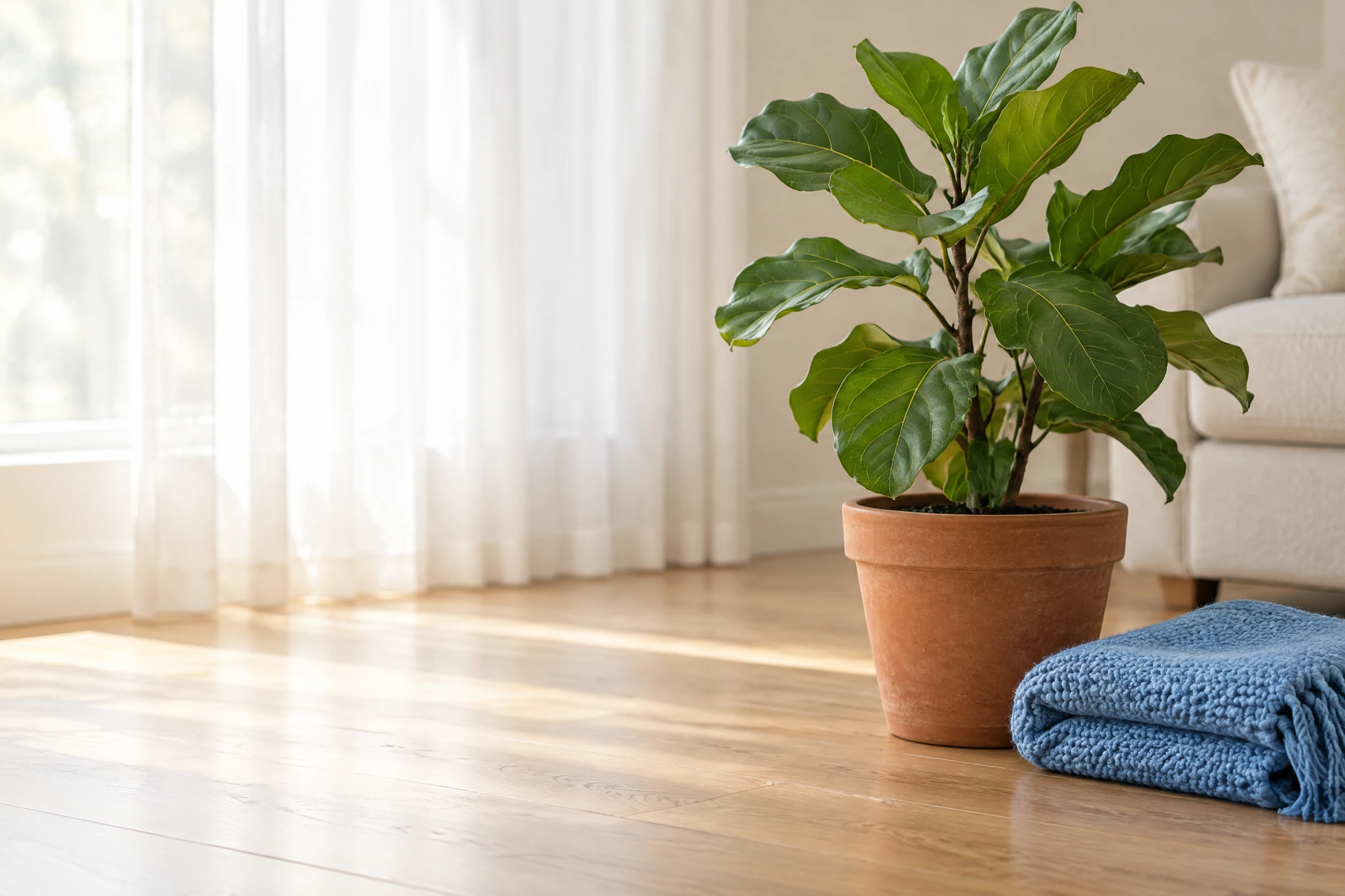 A fiddle-leaf fig in a terracotta pot on a timber floor beside a folded blue throw