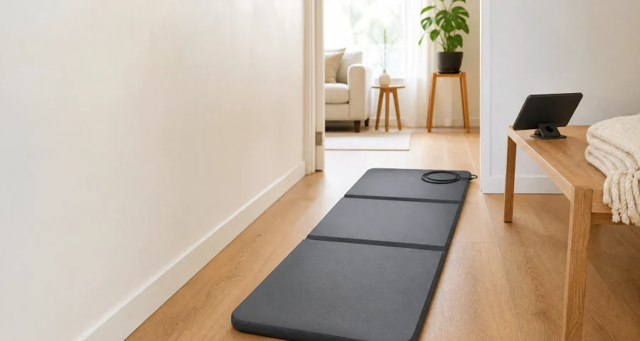 A three-panel mat laid out in a hallway with a controller on a timber bench