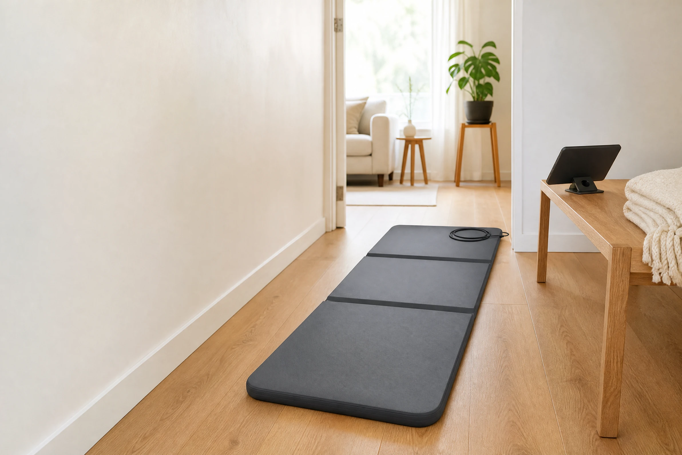 A three-panel mat laid out in a hallway with a controller on a timber bench