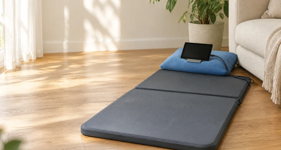 A three-panel mat on a lounge floor with a controller resting on a blue cushion