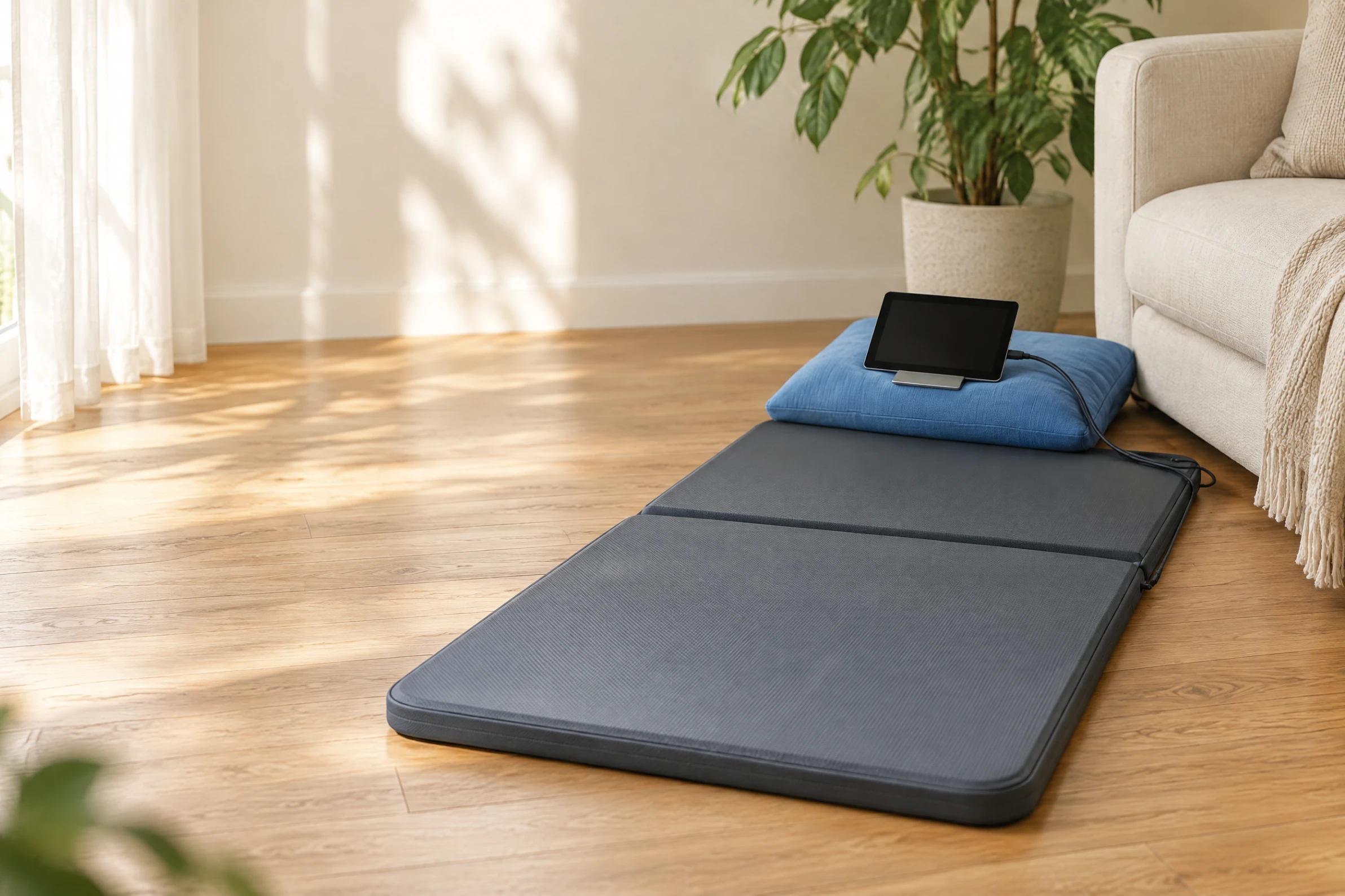 A three-panel mat on a lounge floor with a controller resting on a blue cushion