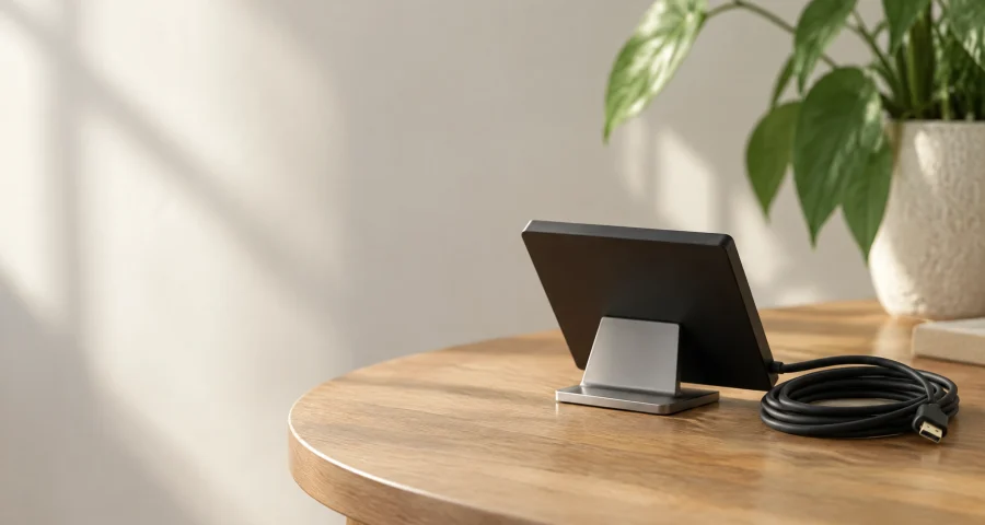 A controller on a stand, its screen turned away, with its cable on a timber side table