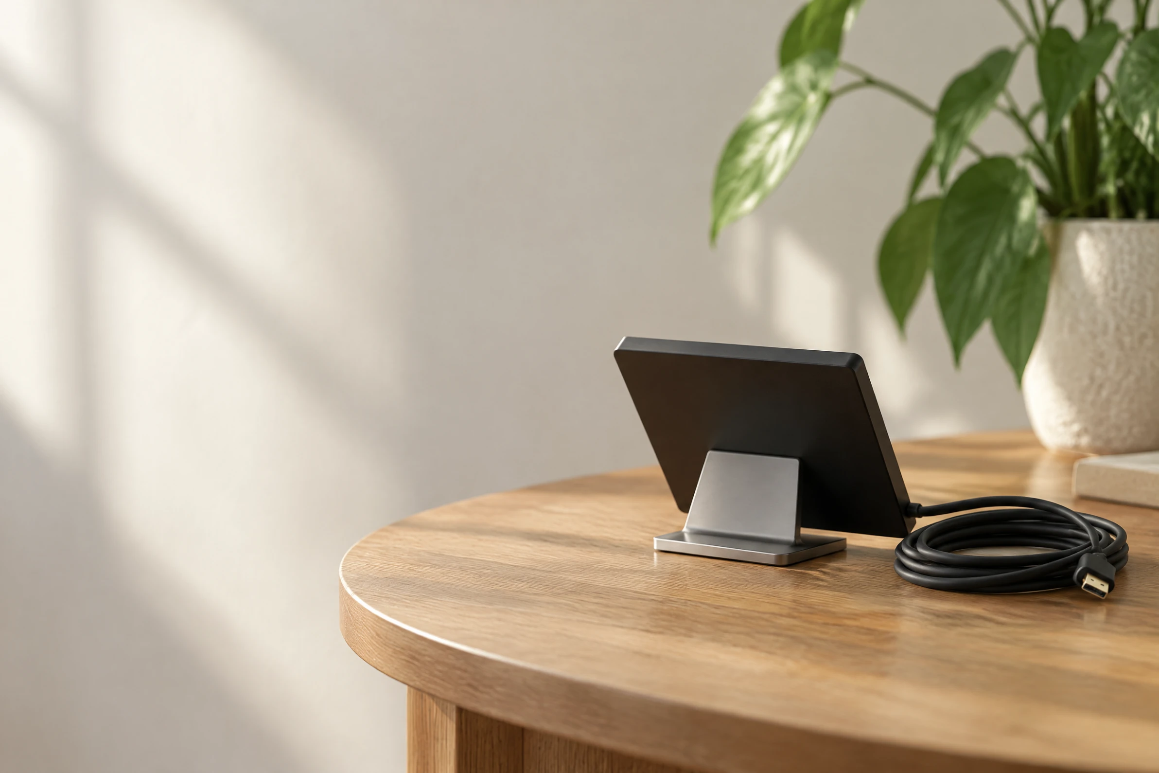 A controller on a stand, its screen turned away, with its cable on a timber side table
