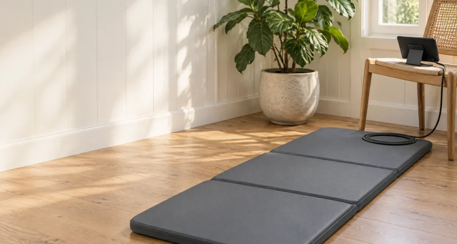 A three-panel mat laid on a timber floor in a sunroom corner, with its controller on a cane chair