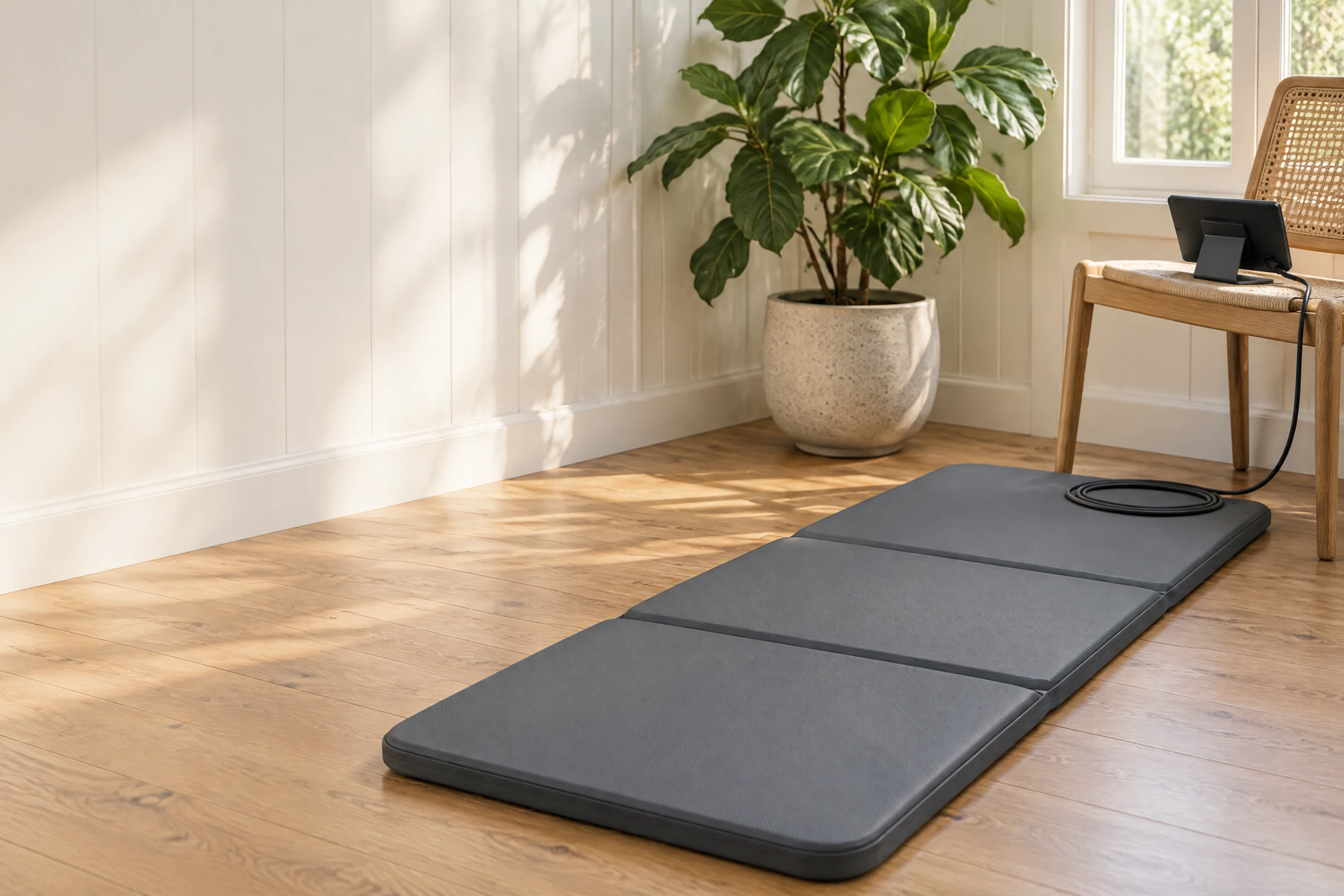 A three-panel mat laid on a timber floor in a sunroom corner, with its controller on a cane chair