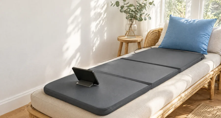 A three-panel mat on a daybed with a blue cushion and a eucalyptus sprig in a jar