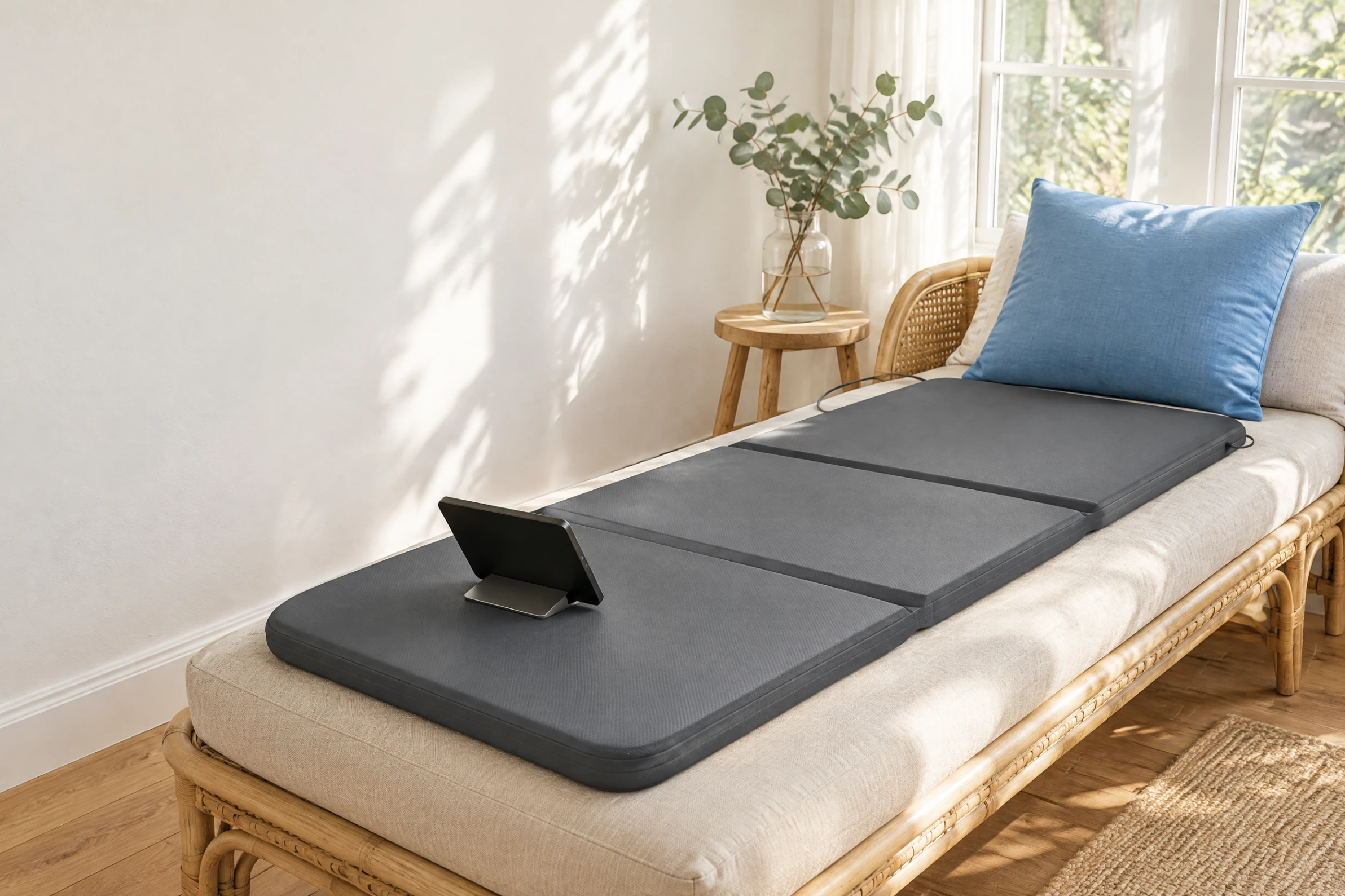 A three-panel mat on a daybed with a blue cushion and a eucalyptus sprig in a jar