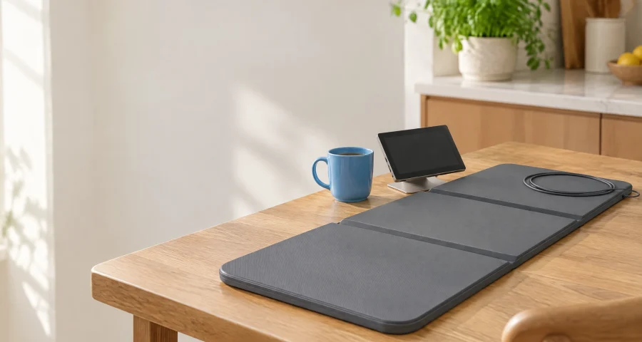 A three-panel mat on a kitchen table with a blue mug and a controller
