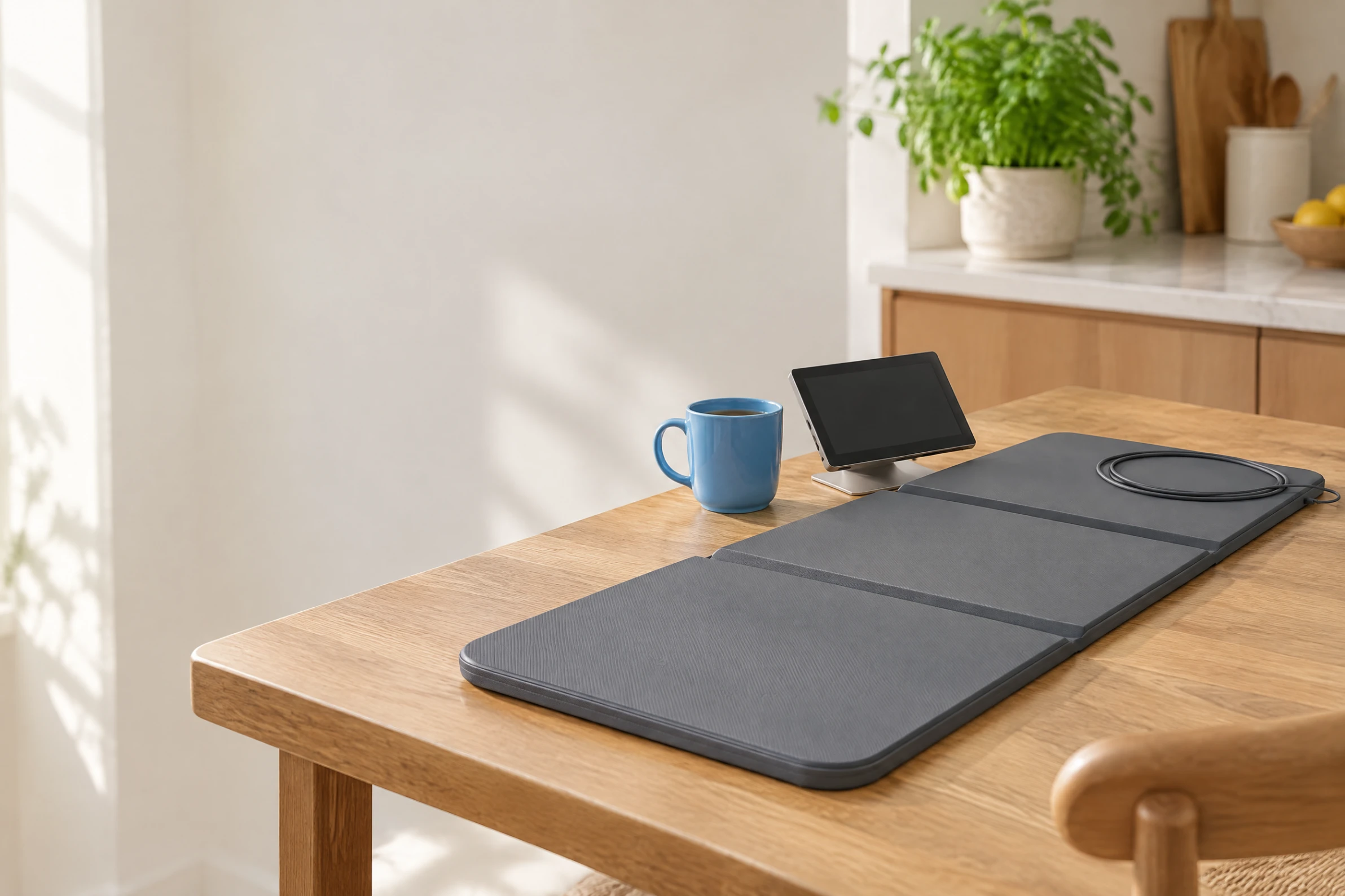 A three-panel mat on a kitchen table with a blue mug and a controller