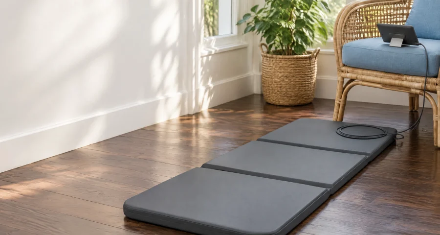 A three-panel mat laid on a dark timber floor on an enclosed verandah, with its controller on a cane chair with a blue cushion