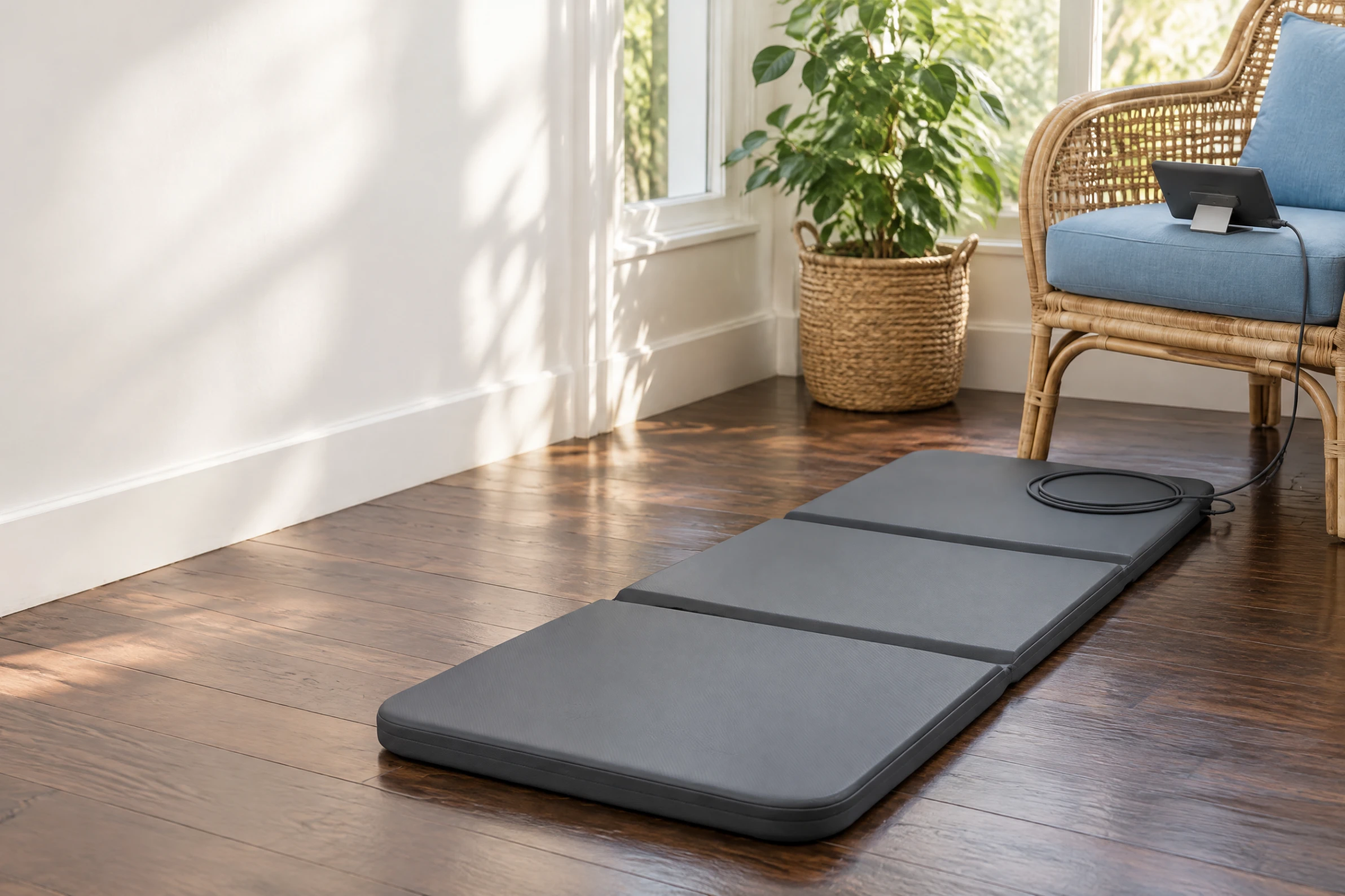 A three-panel mat laid on a dark timber floor on an enclosed verandah, with its controller on a cane chair with a blue cushion