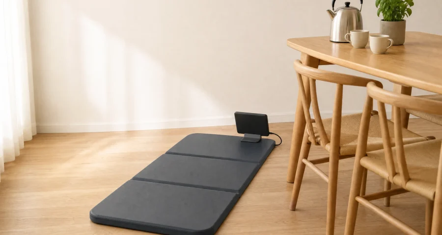 A three-panel mat on a timber floor beside a dining table with a kettle and two cups