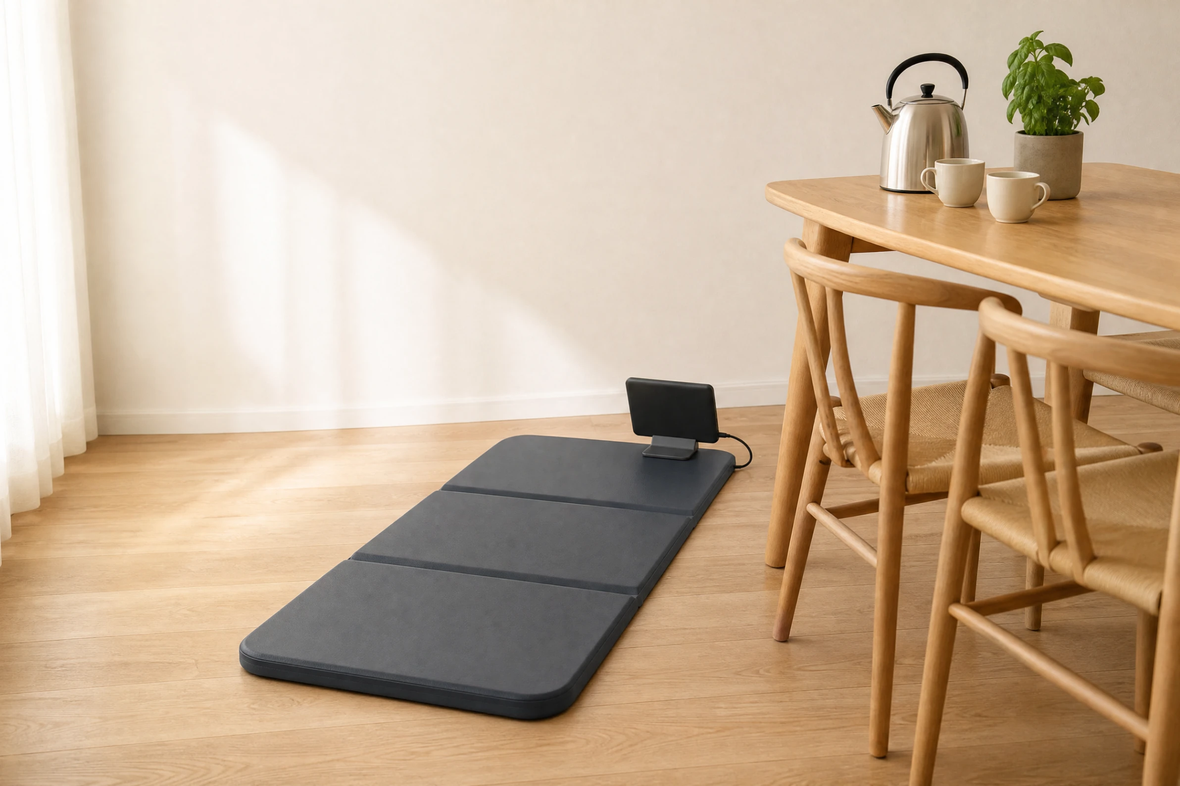 A three-panel mat on a timber floor beside a dining table with a kettle and two cups