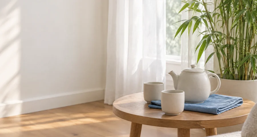 A round timber table with a plain teapot and two cups on a folded blue cloth, beside a bamboo plant and a sheer curtain