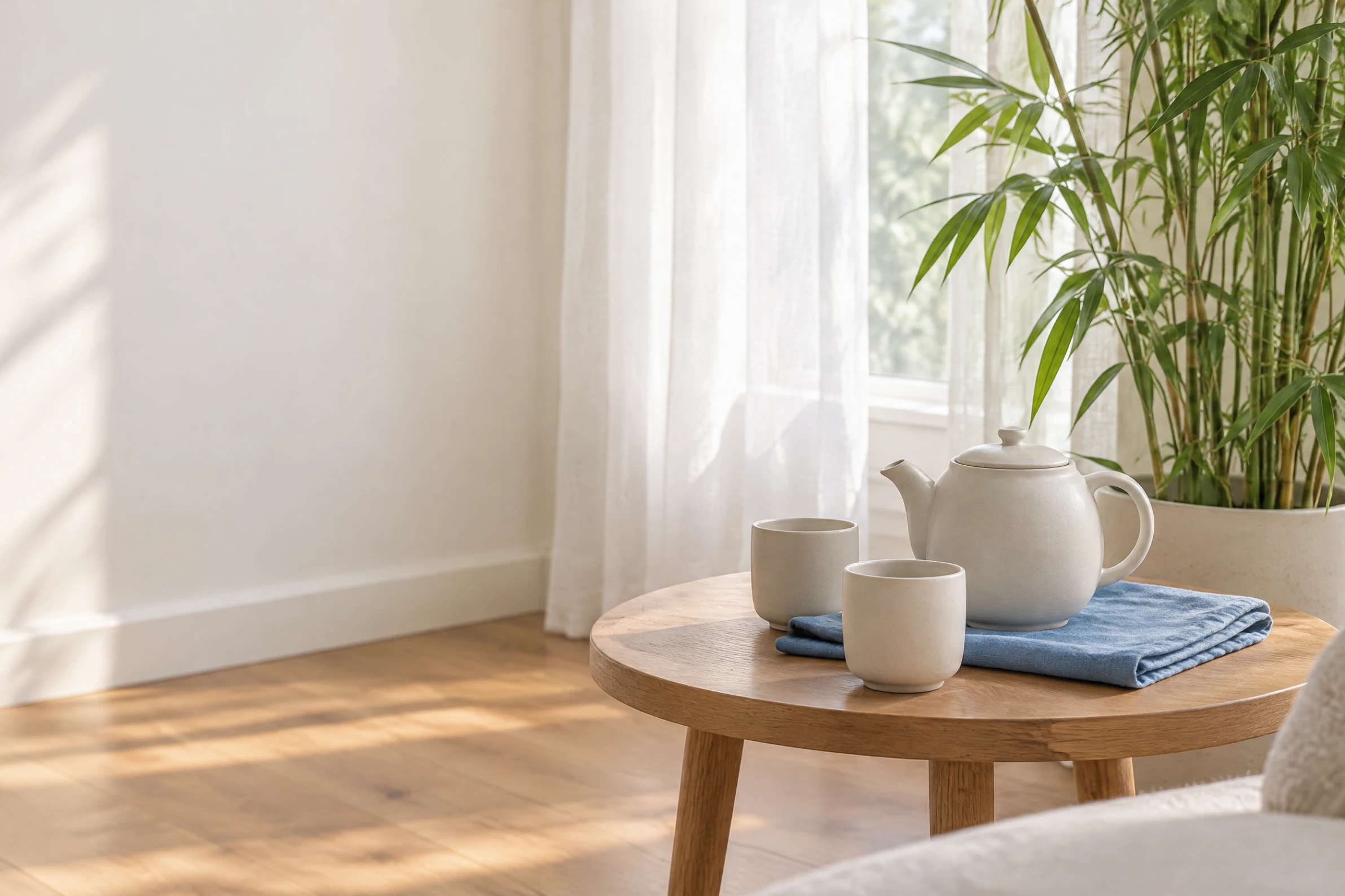 A round timber table with a plain teapot and two cups on a folded blue cloth, beside a bamboo plant and a sheer curtain