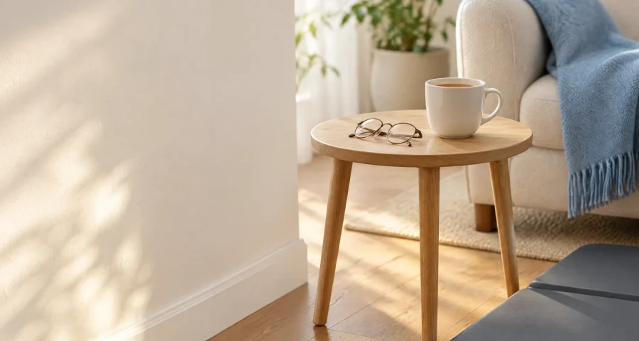 A side table with reading glasses and a cup of tea beside a sofa with a blue throw