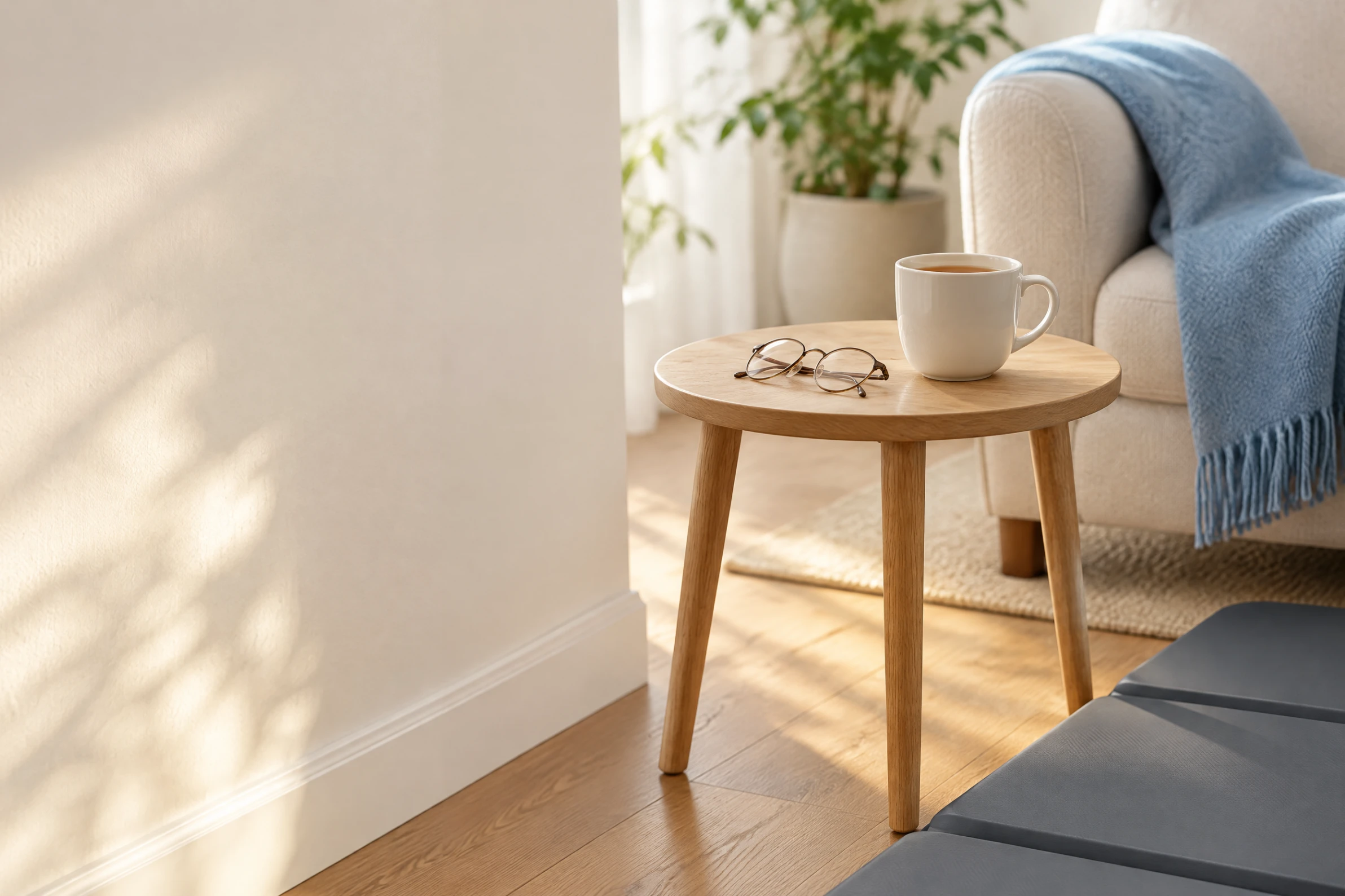 A side table with reading glasses and a cup of tea beside a sofa with a blue throw