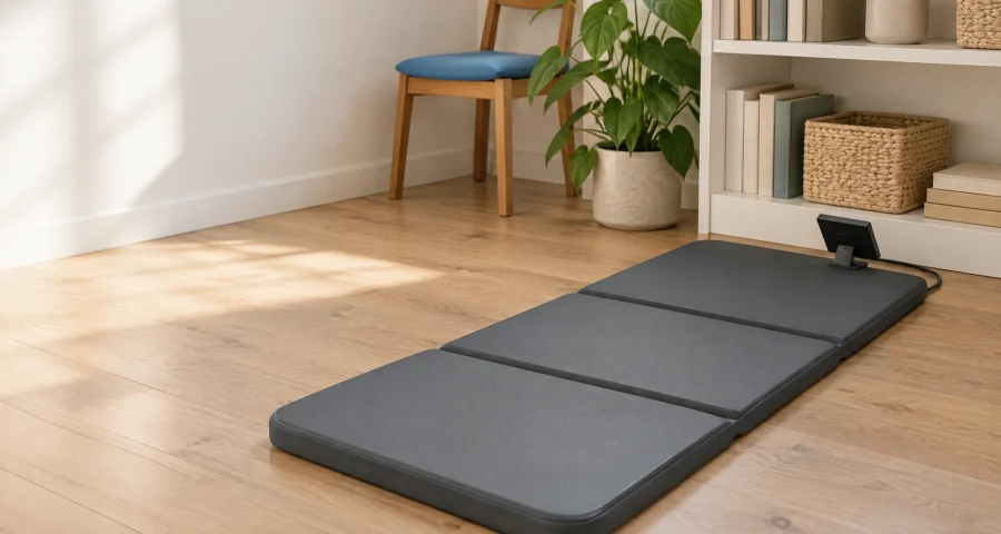 A three-panel mat laid on a timber floor in a study corner with a bookshelf, a plant and a chair with a blue seat
