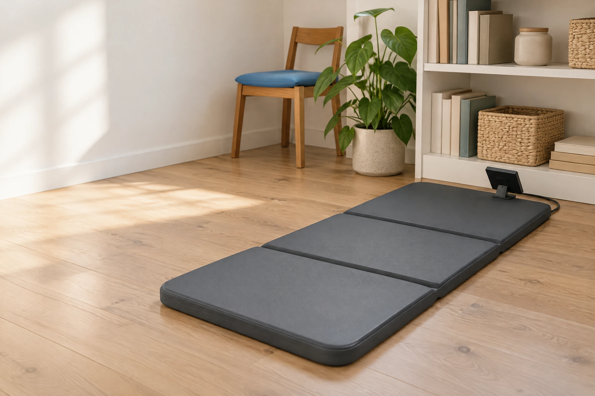 A three-panel mat laid on a timber floor in a study corner with a bookshelf, a plant and a chair with a blue seat