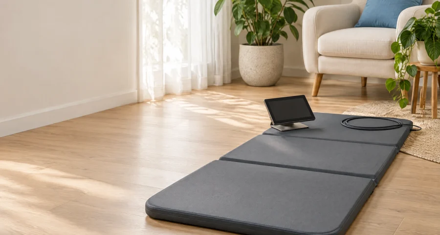 A charcoal three-panel mat on a timber floor with its controller, in a bright lounge room