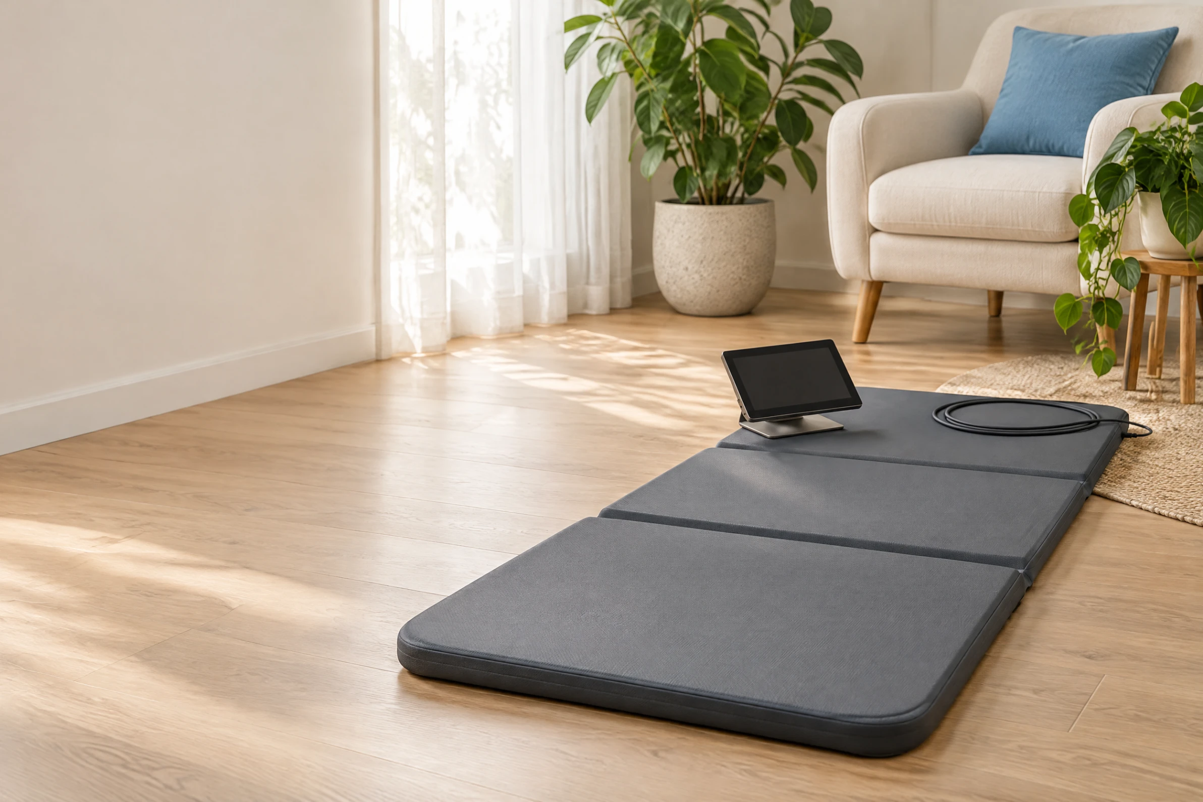 A charcoal three-panel mat on a timber floor with its controller, in a bright lounge room